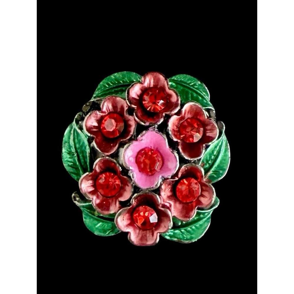Vintage Bold Floral Cluster Ring Red Pink Enamel Adjustable Size 7 Statement